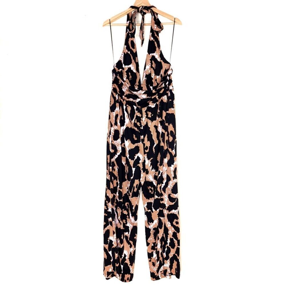 NWT Diane Von Furstenberg Halter Wide Leg Jumpsuit Brown Leopard Womens Plus 2X - Picture 5 of 9